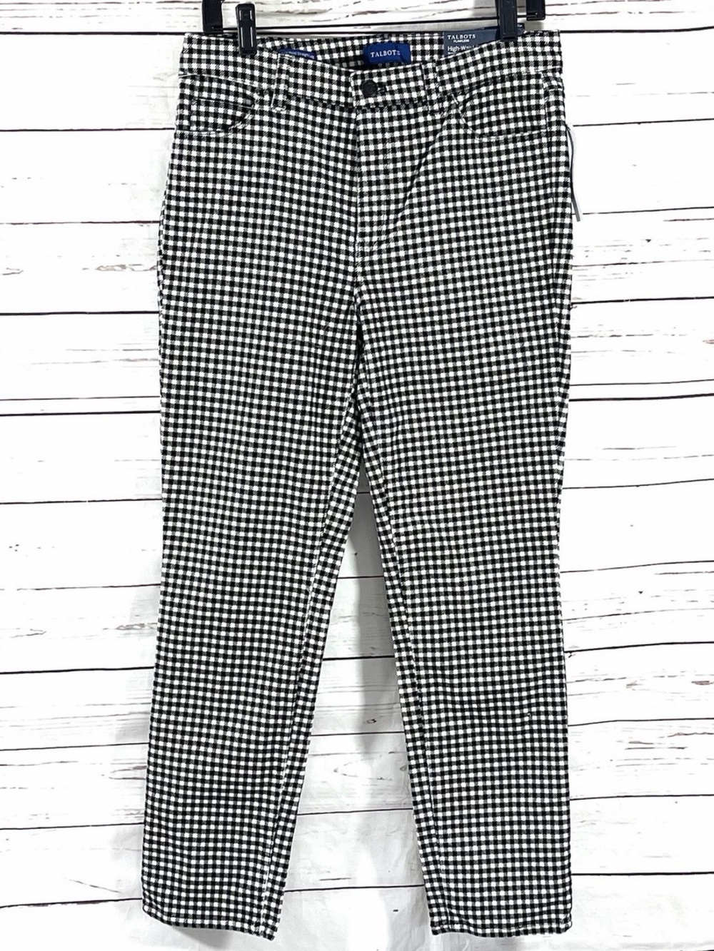 Talbots Black and White Gingham Straight Leg Pants high waisted 98% cotton.
